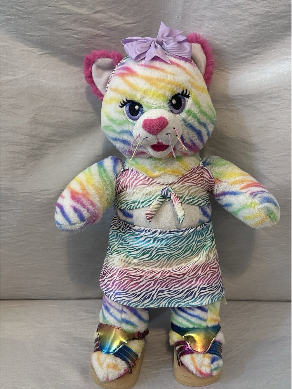 Build-A-Bear Rainbow Zebra Striped Cat Plush BAB 16” Stuffed W/Rare Beach Wear